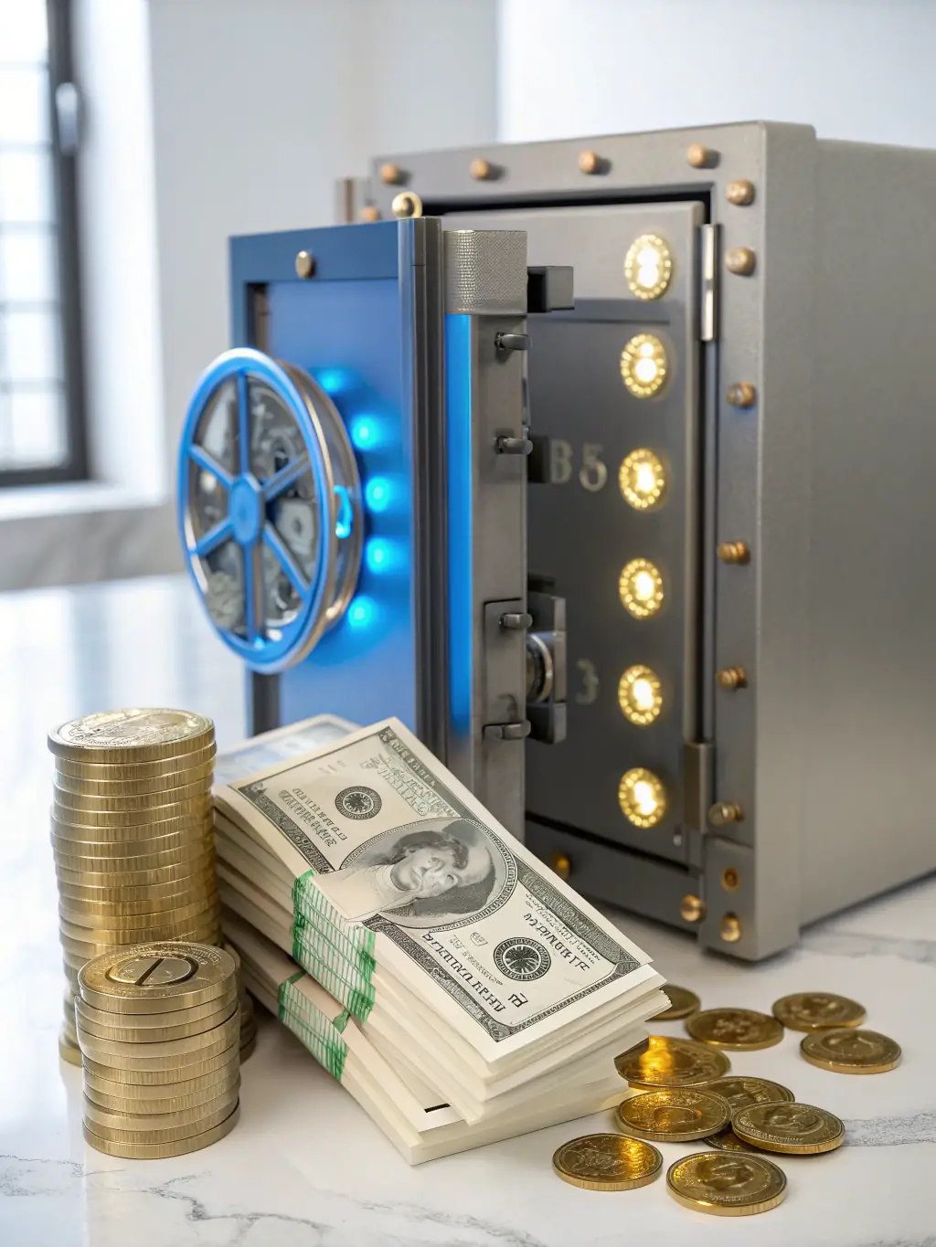 A digital illustration depicting the second step of the escrow process: 'Funding'. The image shows money being transferred into a secure digital vault, symbolizing the deposit of funds.
