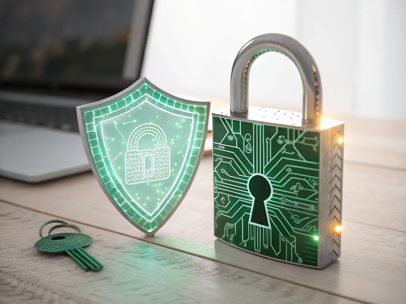 An image of a laptop with a secure escrow badge and shopping cart icon, representing online sales escrow.