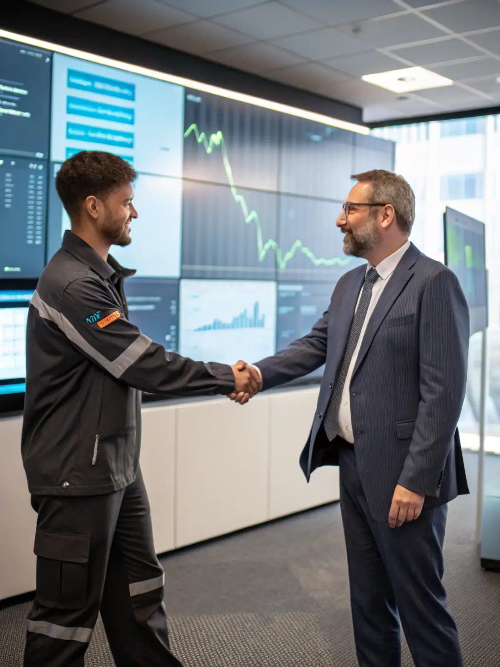 A digital illustration depicting the first step of the escrow process: 'Agreement'. The image shows two people shaking hands over a digital contract, symbolizing mutual agreement on terms.