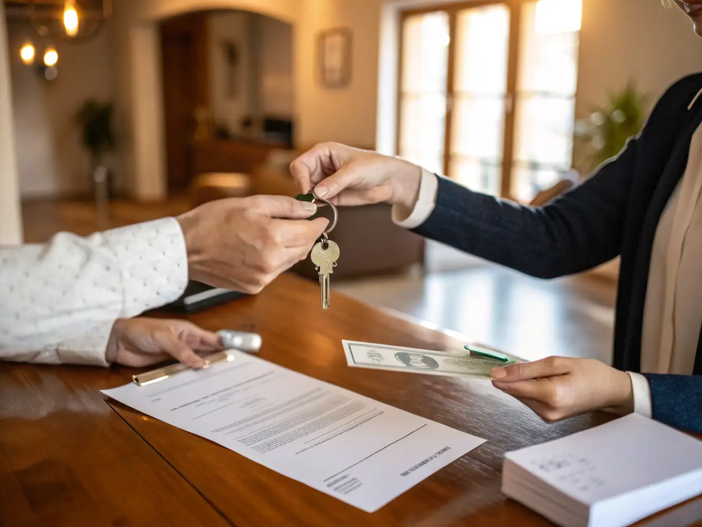 An image of a handshake over a house key with a secure escrow document in the background, symbolizing a real estate transaction.