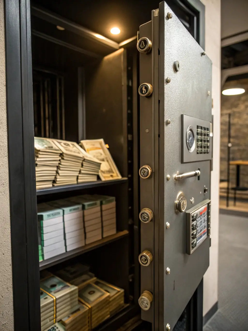 An image depicting a secure vault with money and important documents inside, symbolizing the security provided by our escrow services.