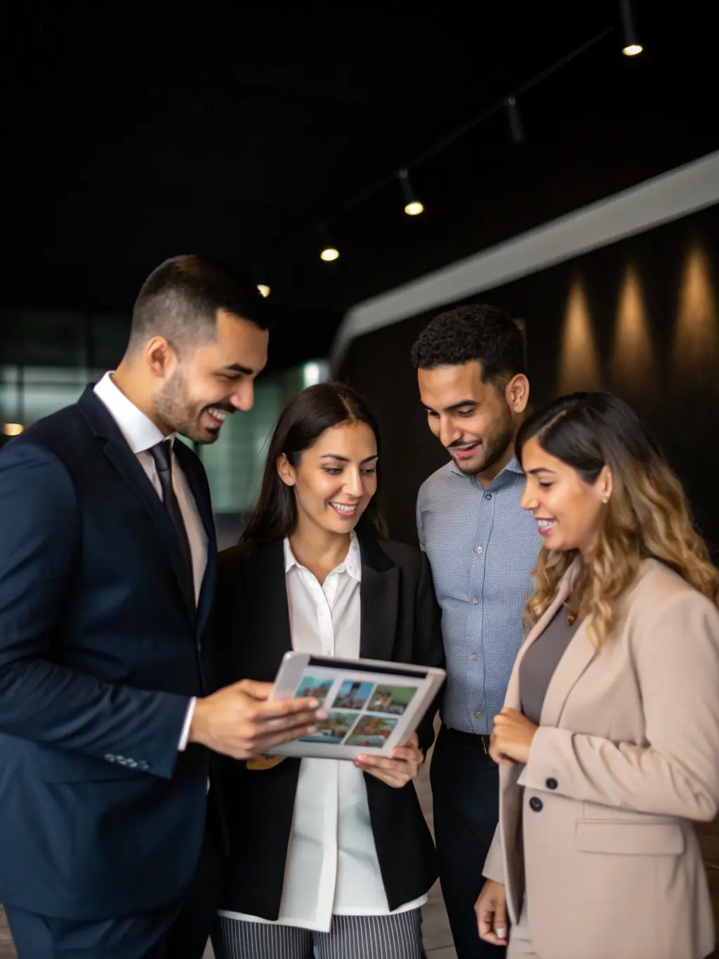 A diverse group of people shaking hands over a digital tablet displaying a secure transaction agreement, representing trust and collaboration, for an escrow service website.